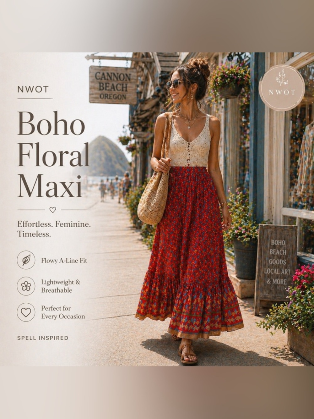 NWOT Boho Floral Maxi Skirt | Red A-Line Festival Cottagecore Summer